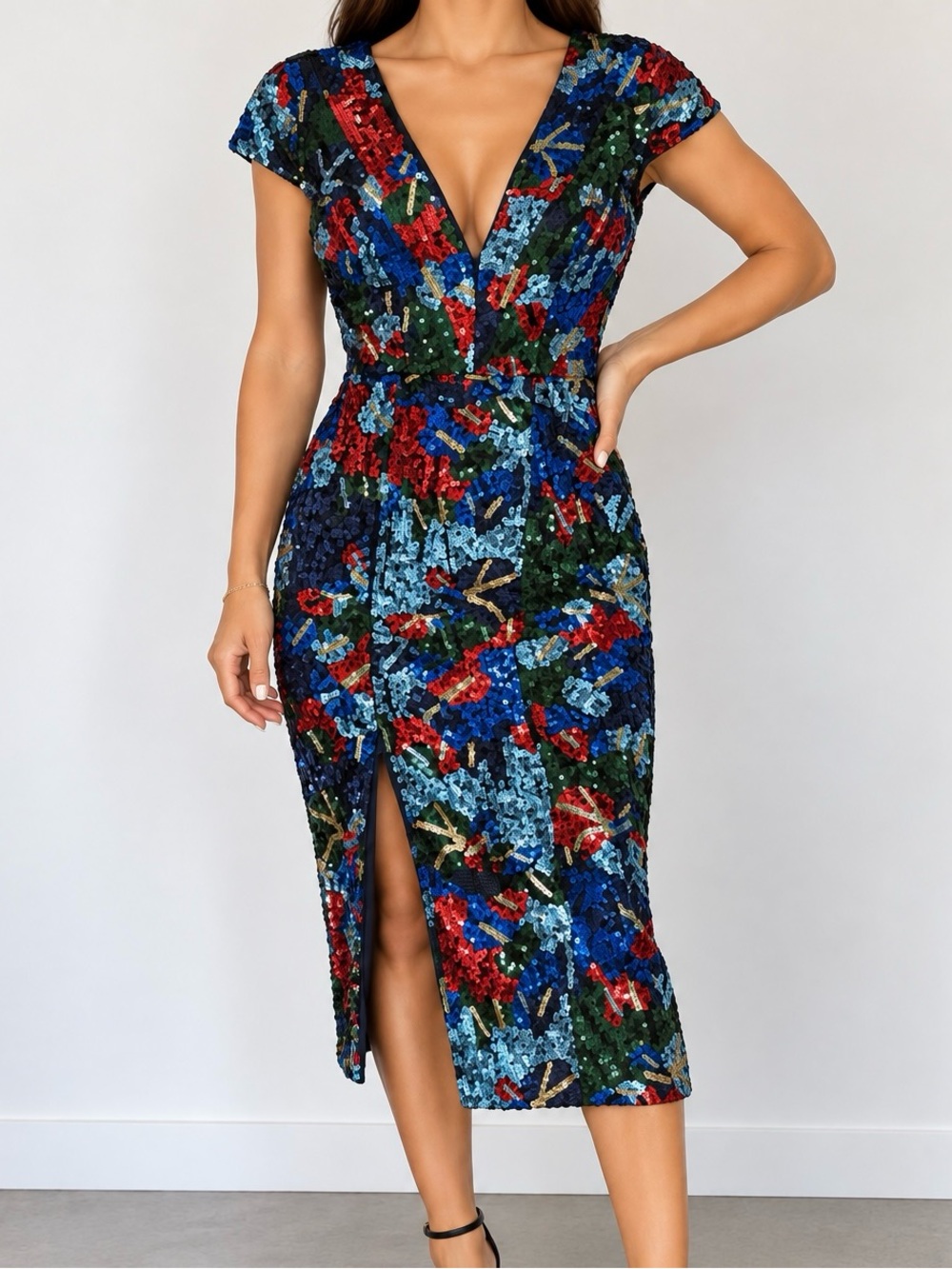 Dress the Population Cobalt Multi Sequin Midi Dress NWT Size S